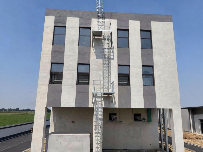 Commercial roof access ladders installed on a public building rooftop plant deck
